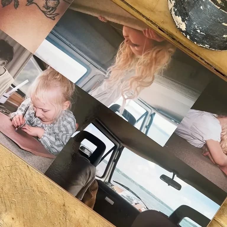 Collage of family photos on a wooden surface, featuring a child drawing, a young girl with curly hair, and car interior views.