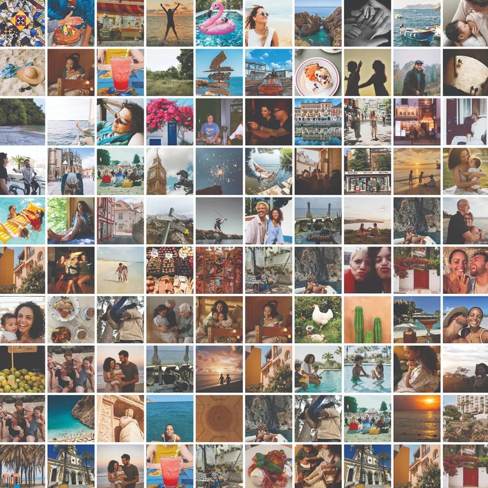 A colorful collage of diverse travel and lifestyle photos, featuring landscapes, food, animals, people enjoying activities, and scenic views.