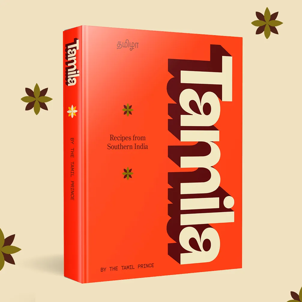 The book cover titled "Tamila" features a bright orange background with the subtitle "Recipes from Southern India." Decorative star motifs surround the book.