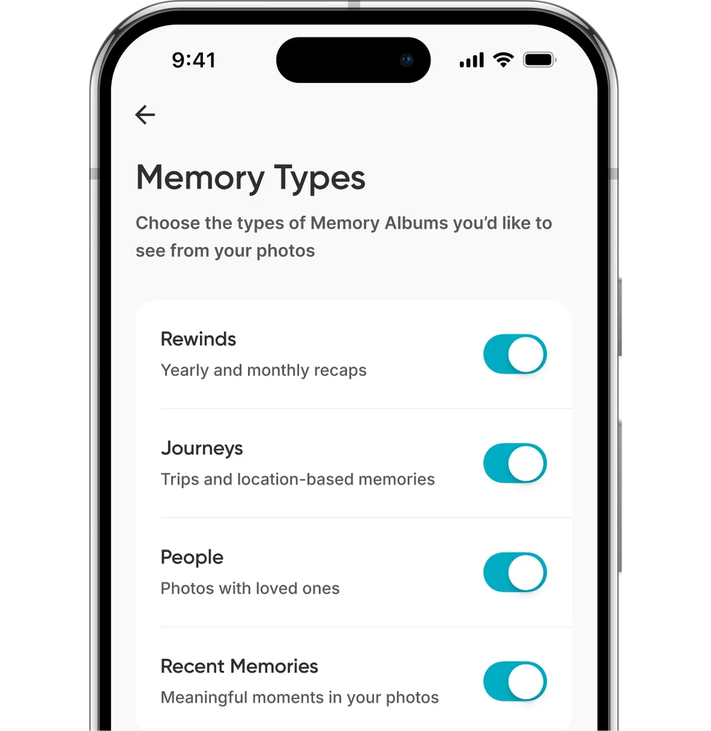 Smartphone screen displaying options for memory types, including "Rewinds," "Journeys," "People," and "Recent Memories," each with toggle switches on.