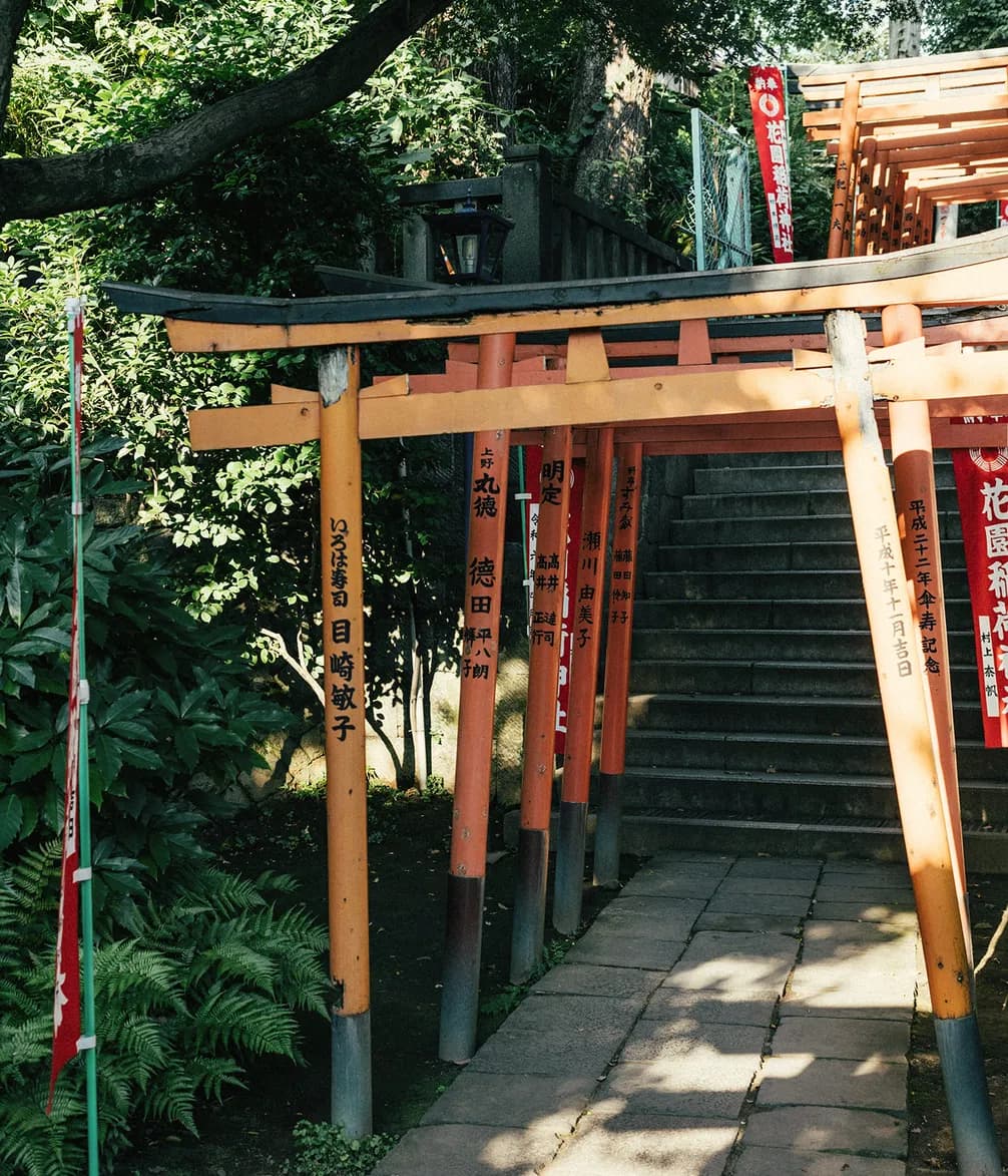 Pathway lined with traditional red torii gates, leading up stone steps, surrounded by lush greenery.