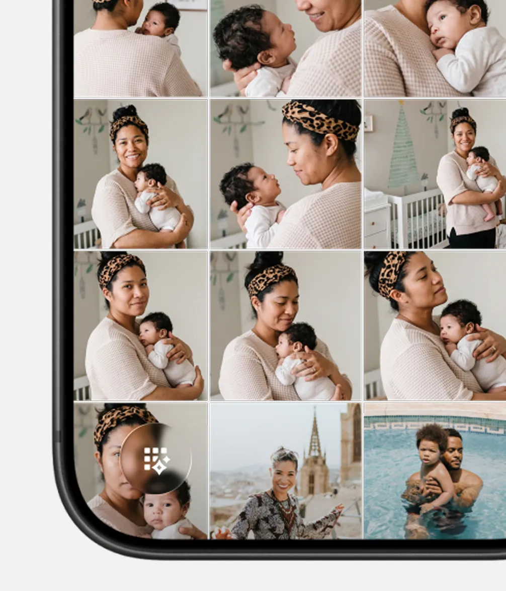 Collage of a mother holding her baby in various poses, one travel scene, and another of a man and child in a pool, displayed on a smartphone screen.
