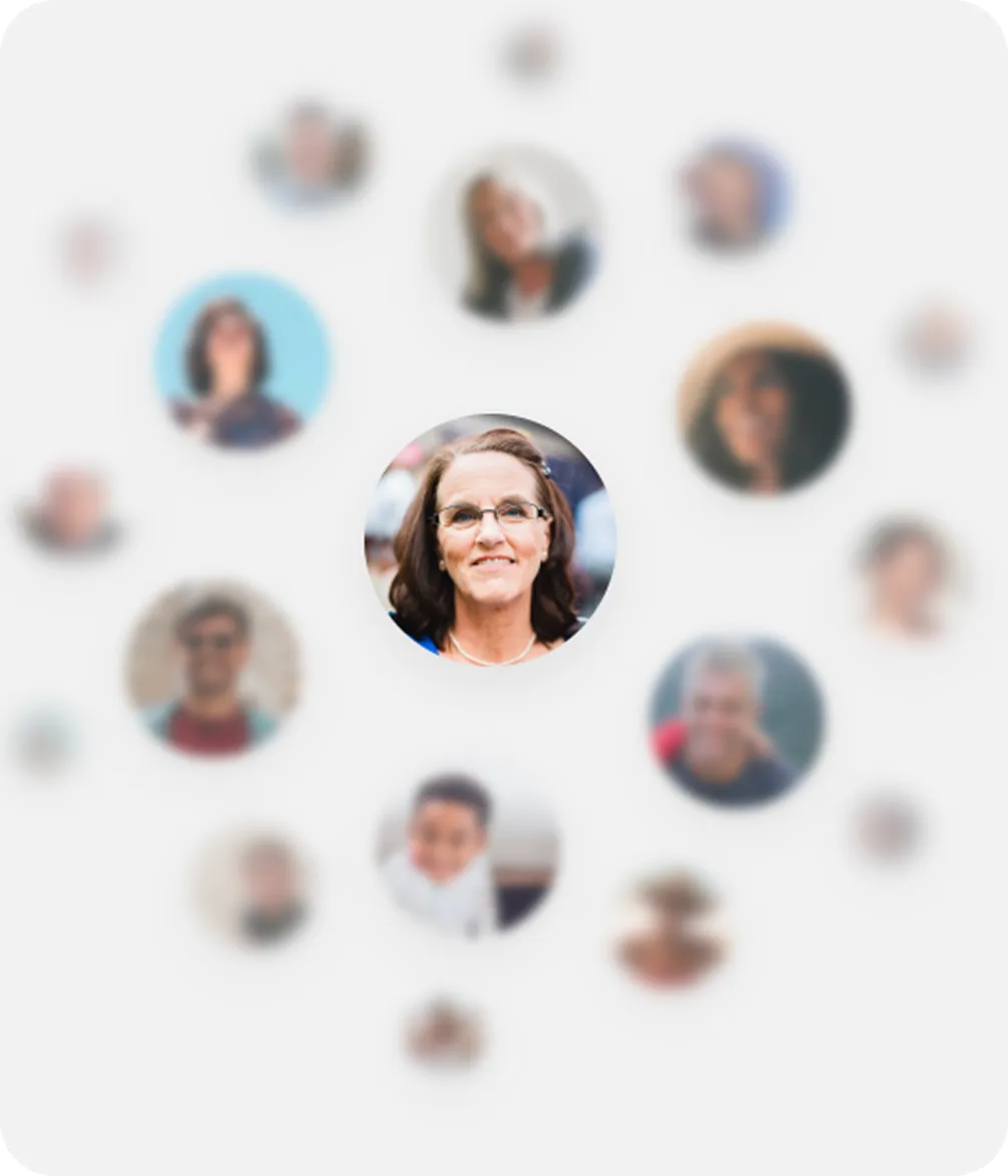 A central focused portrait of a woman with glasses, surrounded by blurred images of other individuals in a circular pattern.