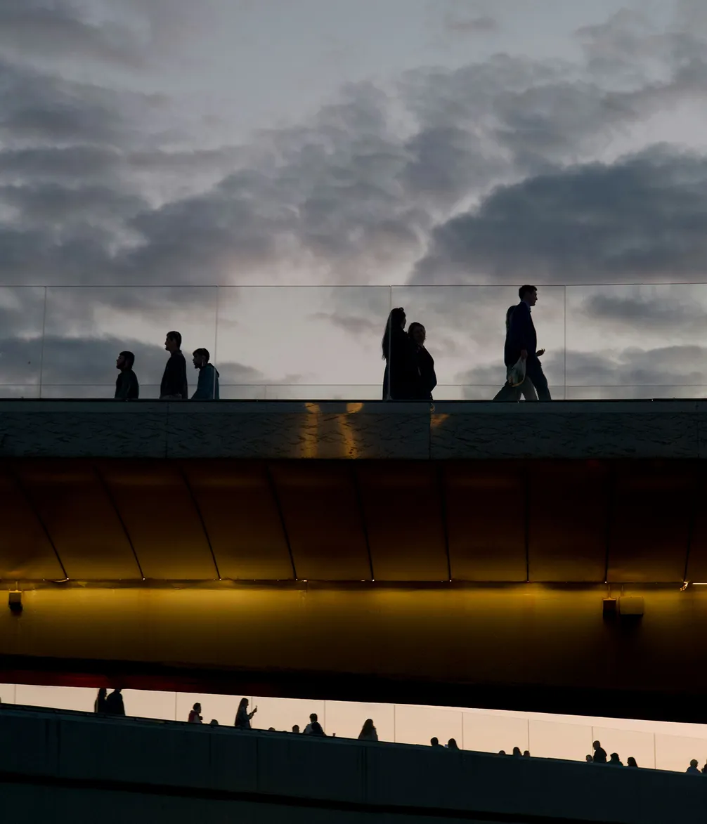 Silhouetted people walk on an elevated pedestrian bridge during sunset, with a moody sky and warm lights below.