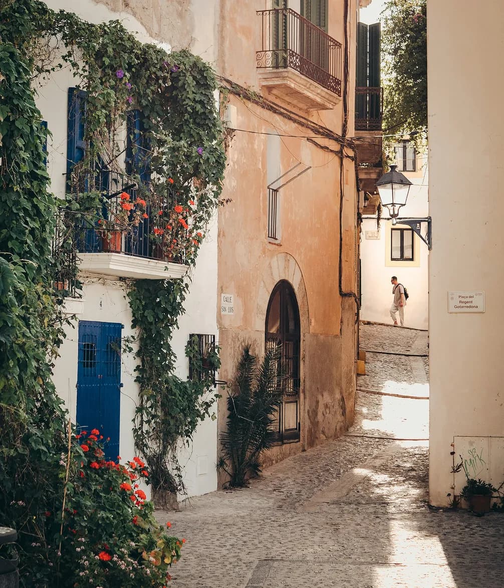 Narrow cobblestone street with ivy-covered walls and a bright blue door. A person walks in the distance under a sunny sky.