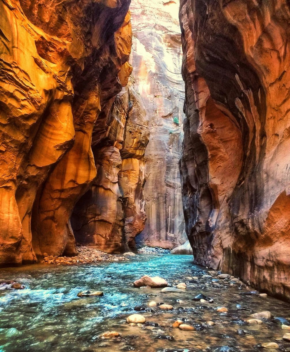 A narrow, vibrant canyon with towering rock walls and a flowing river, featuring rich hues of orange, red, and brown, under soft natural light.