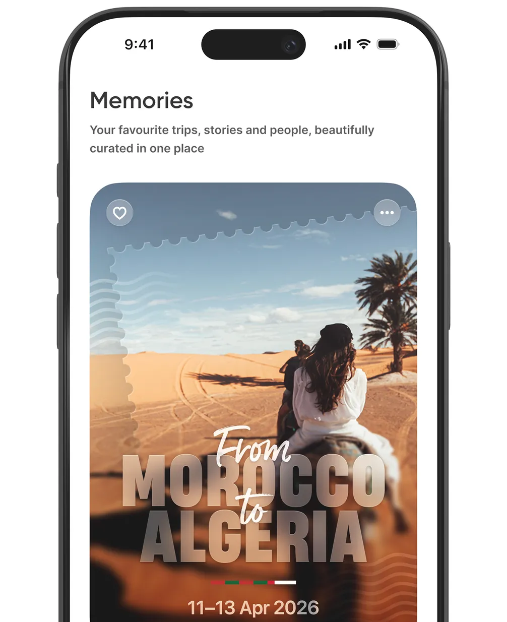 Smartphone screen displaying a travel app with an image of someone on a camel in the desert and the text "From Morocco to Algeria, 11-13 Apr 2026."