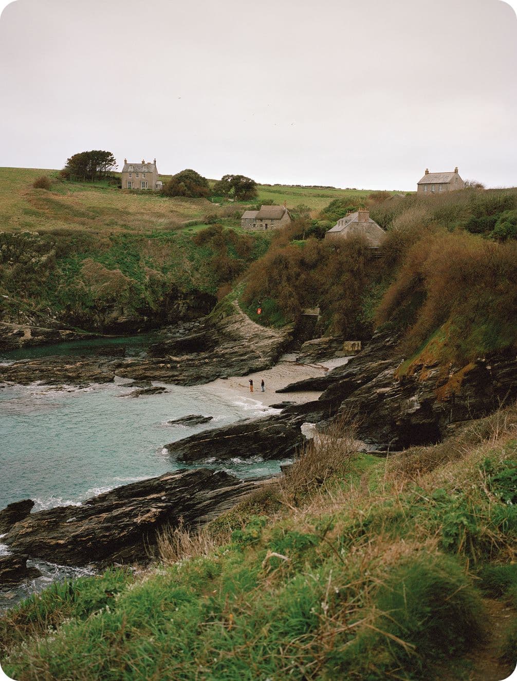 A rocky coastline with grassy hills, small beach, scattered houses, and overcast sky. Two people walk along the shore.