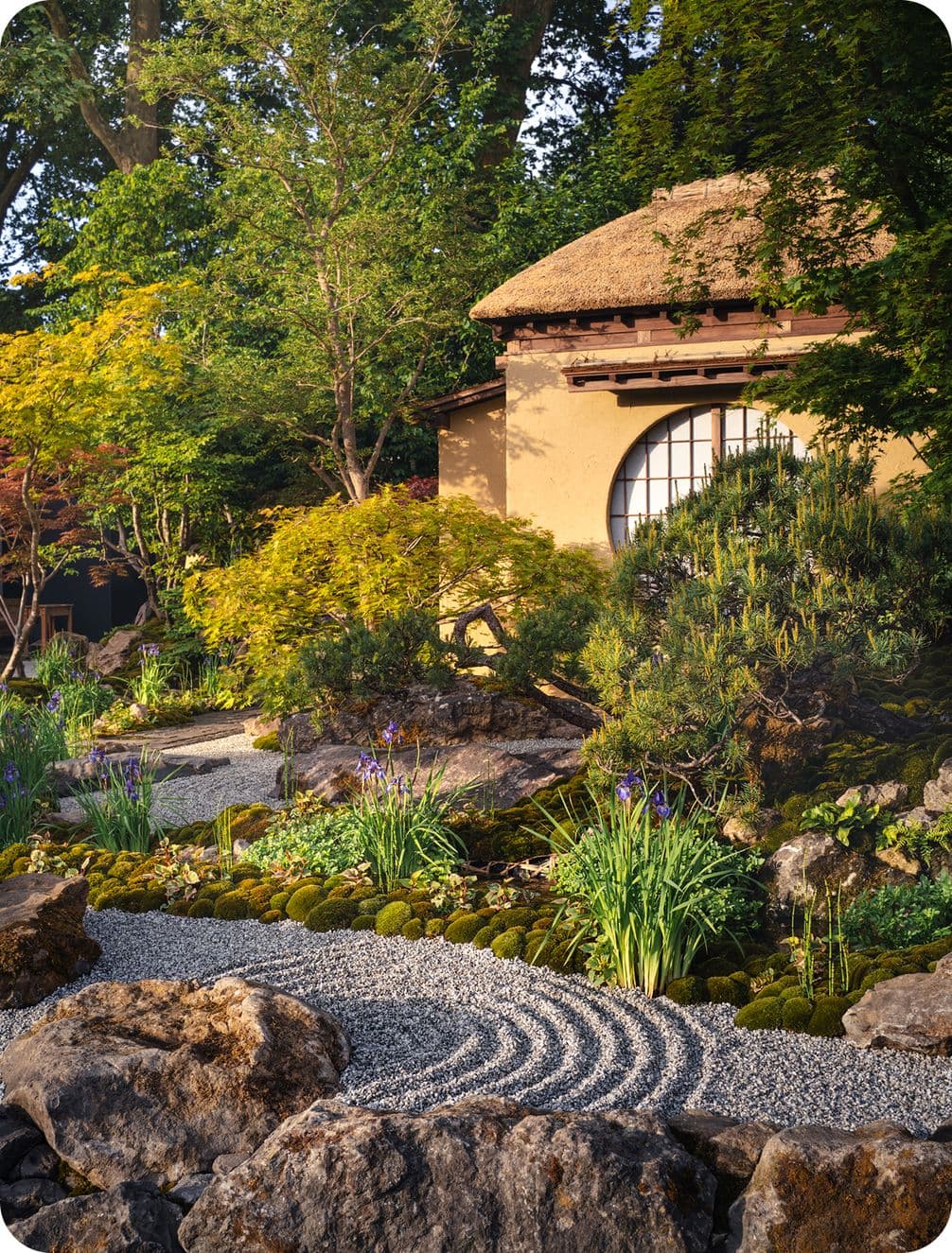 Serene Japanese garden with raked gravel, lush greenery, a small pond, and a traditional thatched-roof building in the background.