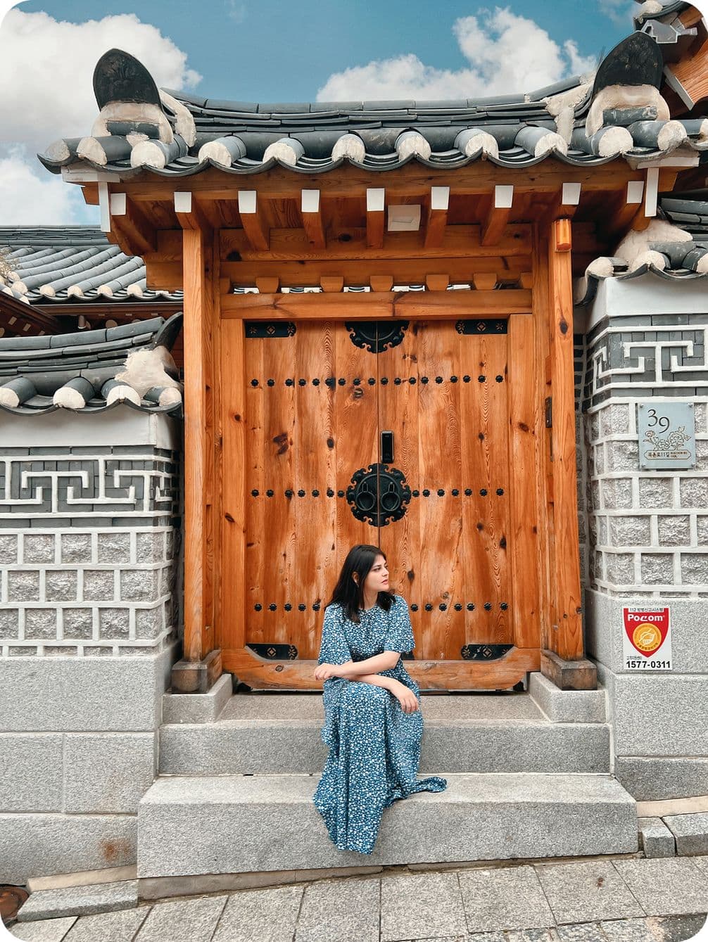 A woman in a blue dress sits on stone steps in front of a traditional wooden Korean gate, with intricate patterns and cloudy sky above.