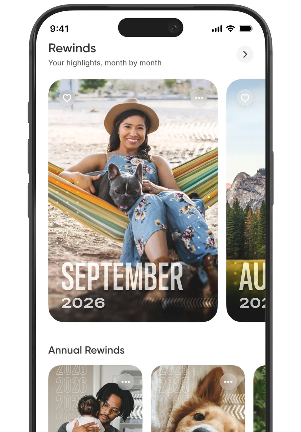 Smartphone screen displaying a “Rewinds” app, featuring a smiling woman in a hammock with a dog, labeled "September 2026."