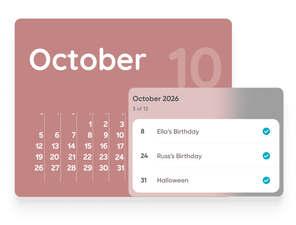 Calendar page for October 2026 showing dates 8, 24, and 31 highlighted for Ella's Birthday, Russ's Birthday, and Halloween.