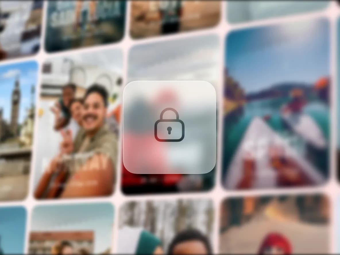 Blurred grid of travel photos with a central transparent lock icon overlay, indicating restricted or private access.