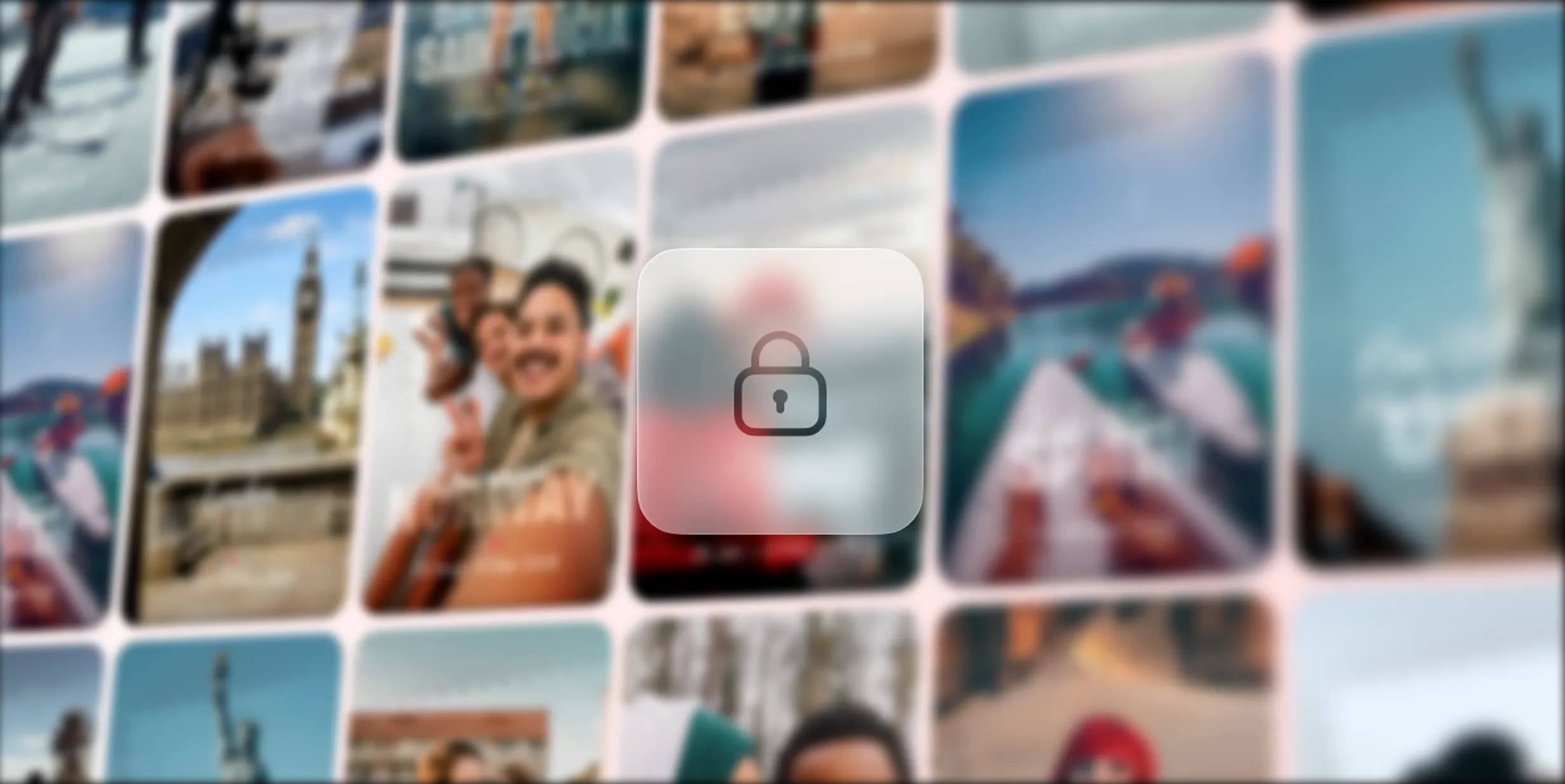 Blurred grid of travel photos with a central transparent lock icon overlay, indicating restricted or private access.