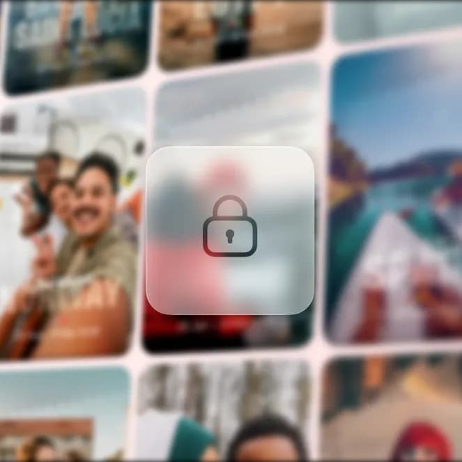 Blurred grid of travel photos with a central transparent lock icon overlay, indicating restricted or private access.
