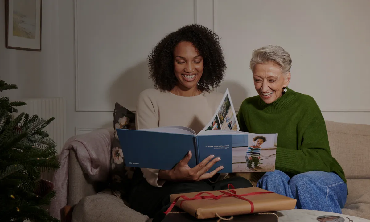 Friends looking through a Photo Book at Christmas