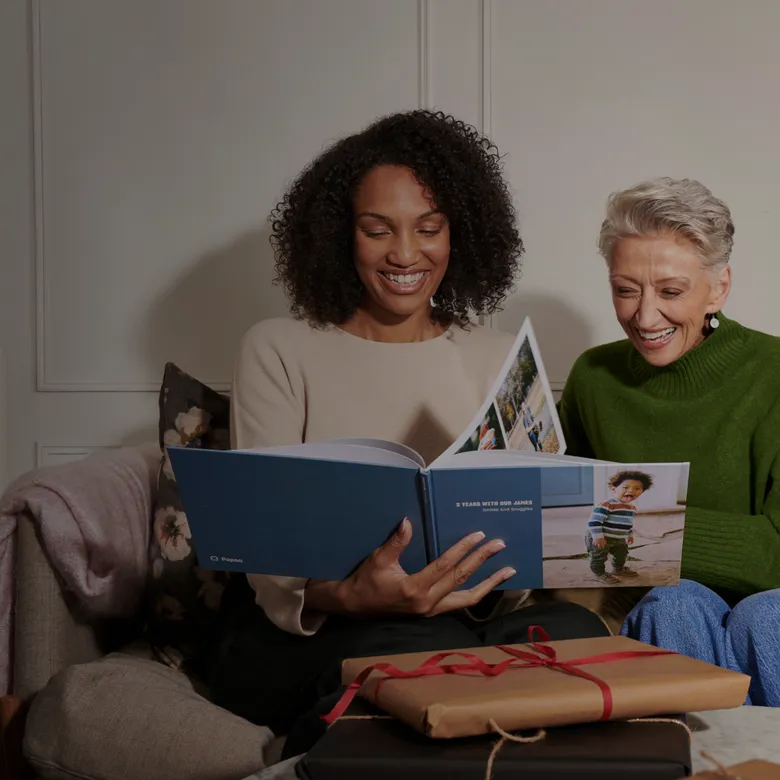Friends looking through a Photo Book at Christmas