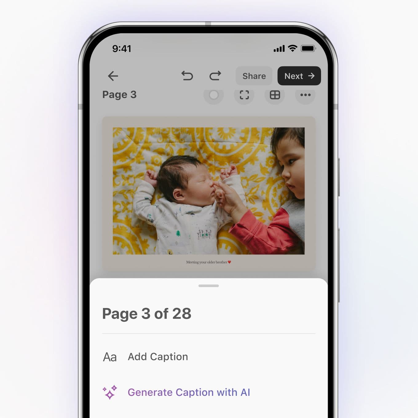 Choosing a caption of a newborn photo in a personalised photo book