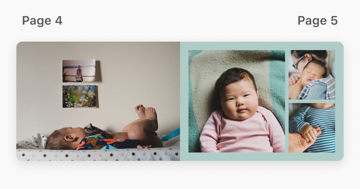 Layouts of newborn photos for a personalised baby photo book