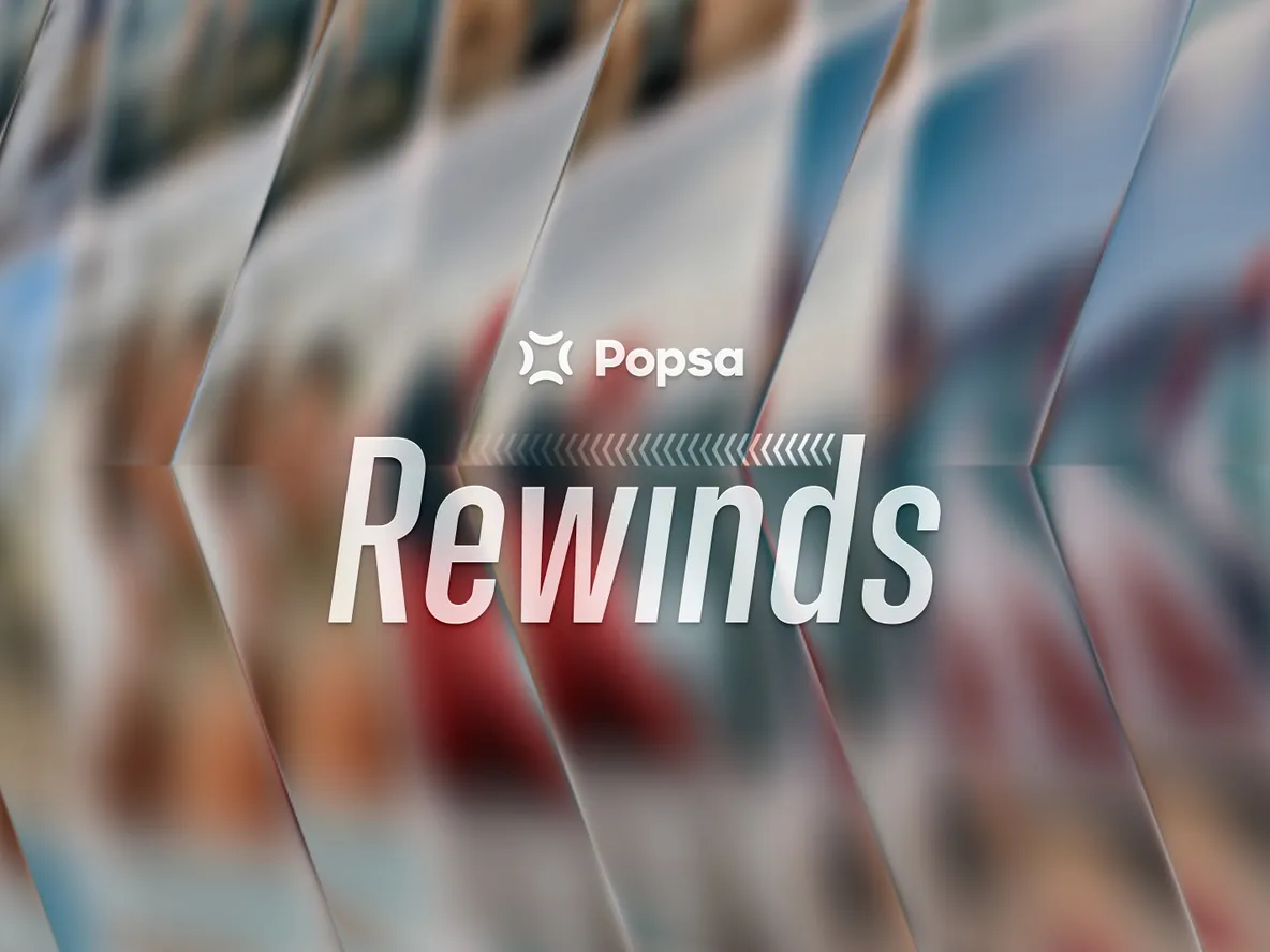 Popsa Rewinds logo over a blurred background of diagonal photo strips and chevron arrows.