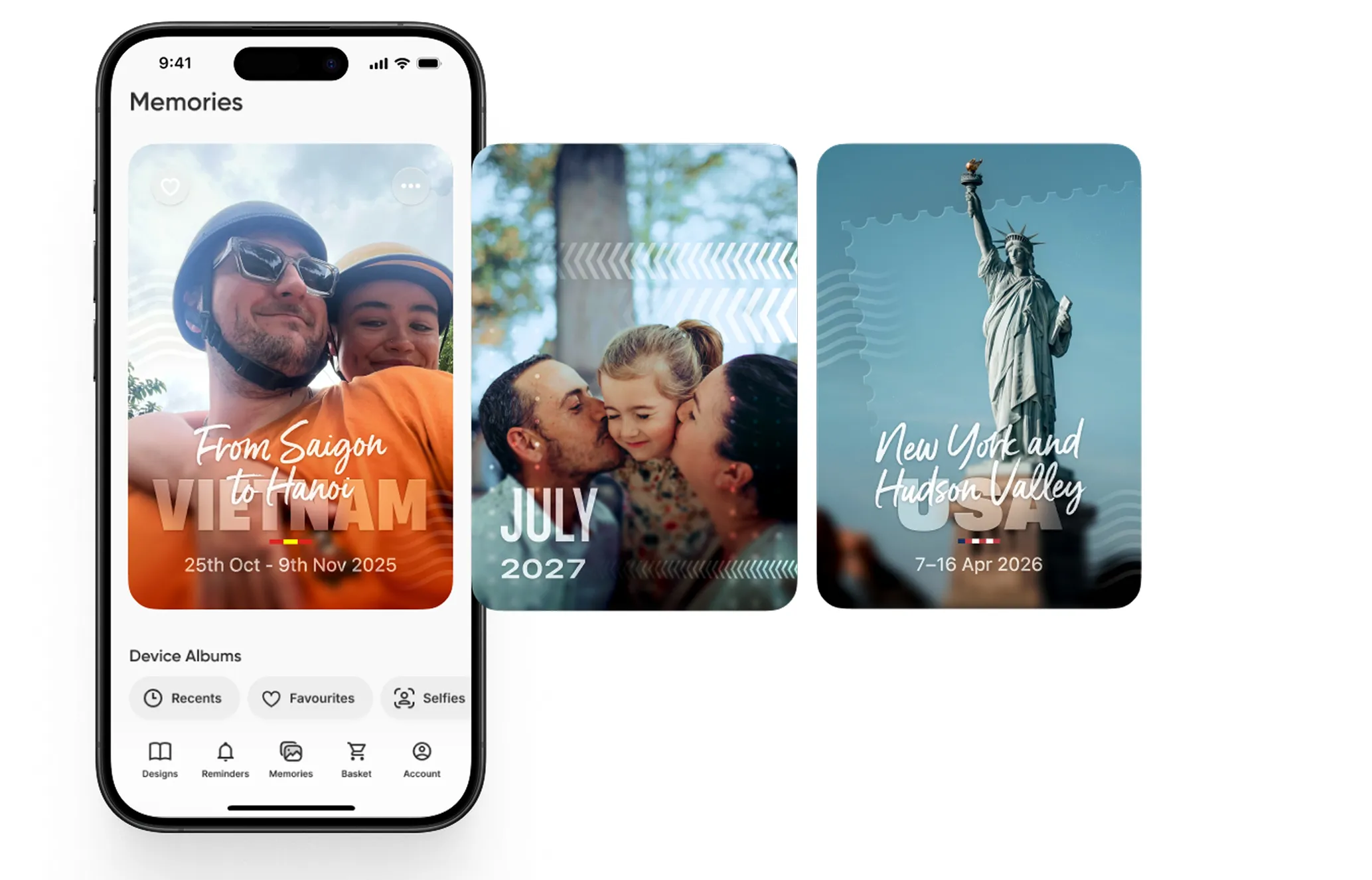 Smartphone screen displays travel memories with images labeled Vietnam trip, July 2027, and New York and Hudson Valley, alongside various album options.