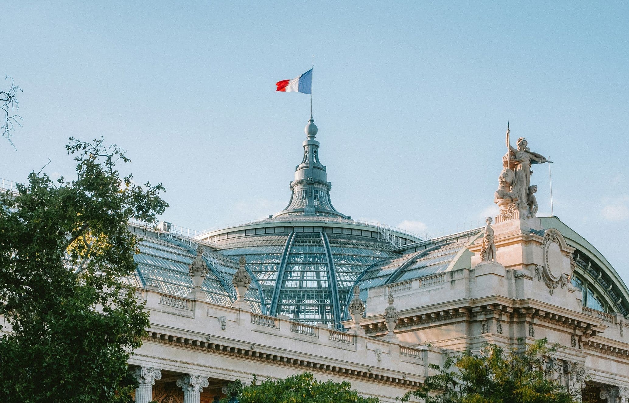The roof of the Grand Palais in Paris with French flag