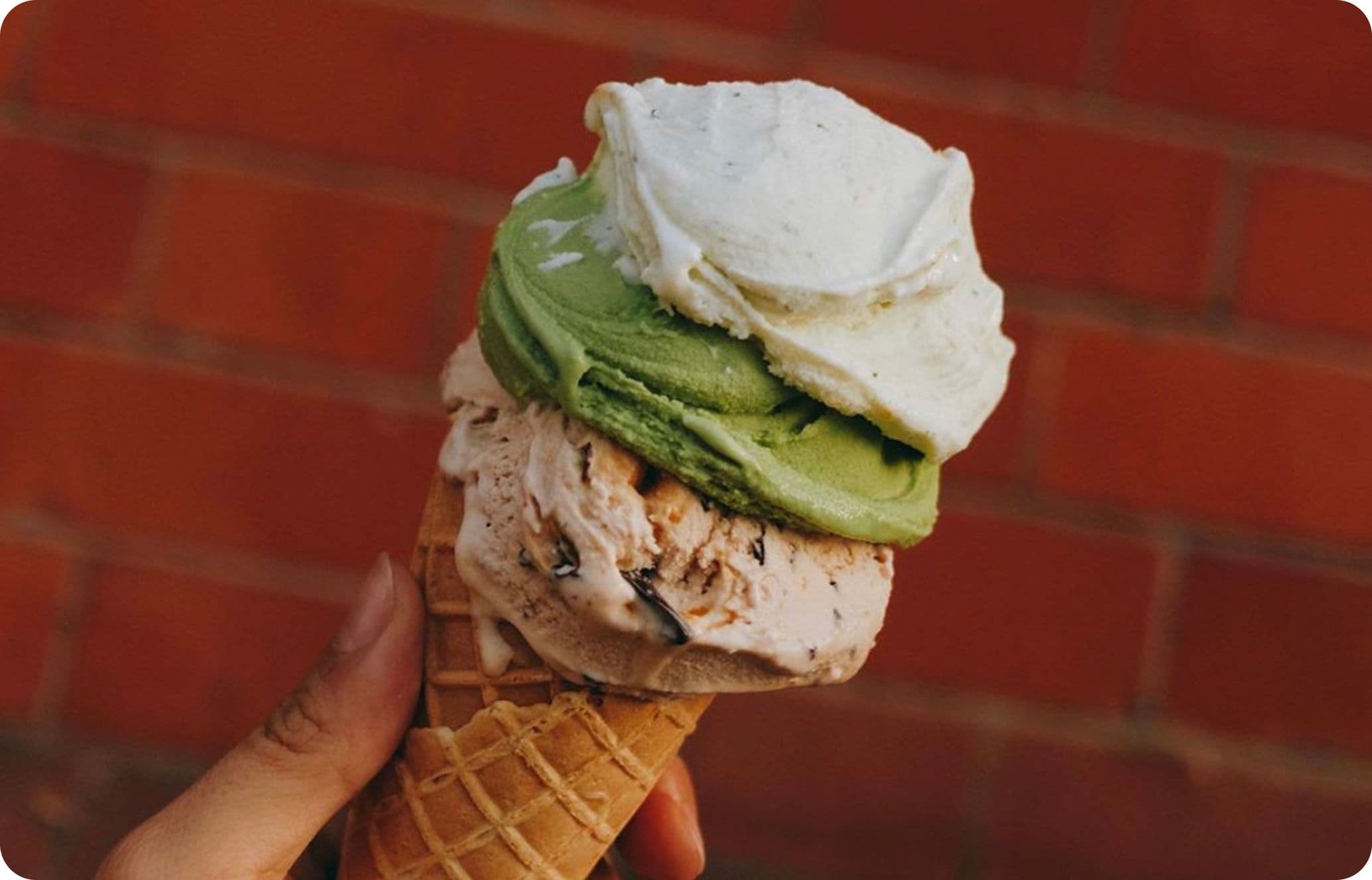 A triple-flavoured ice cream at Le Gelatiera, Covent Garden