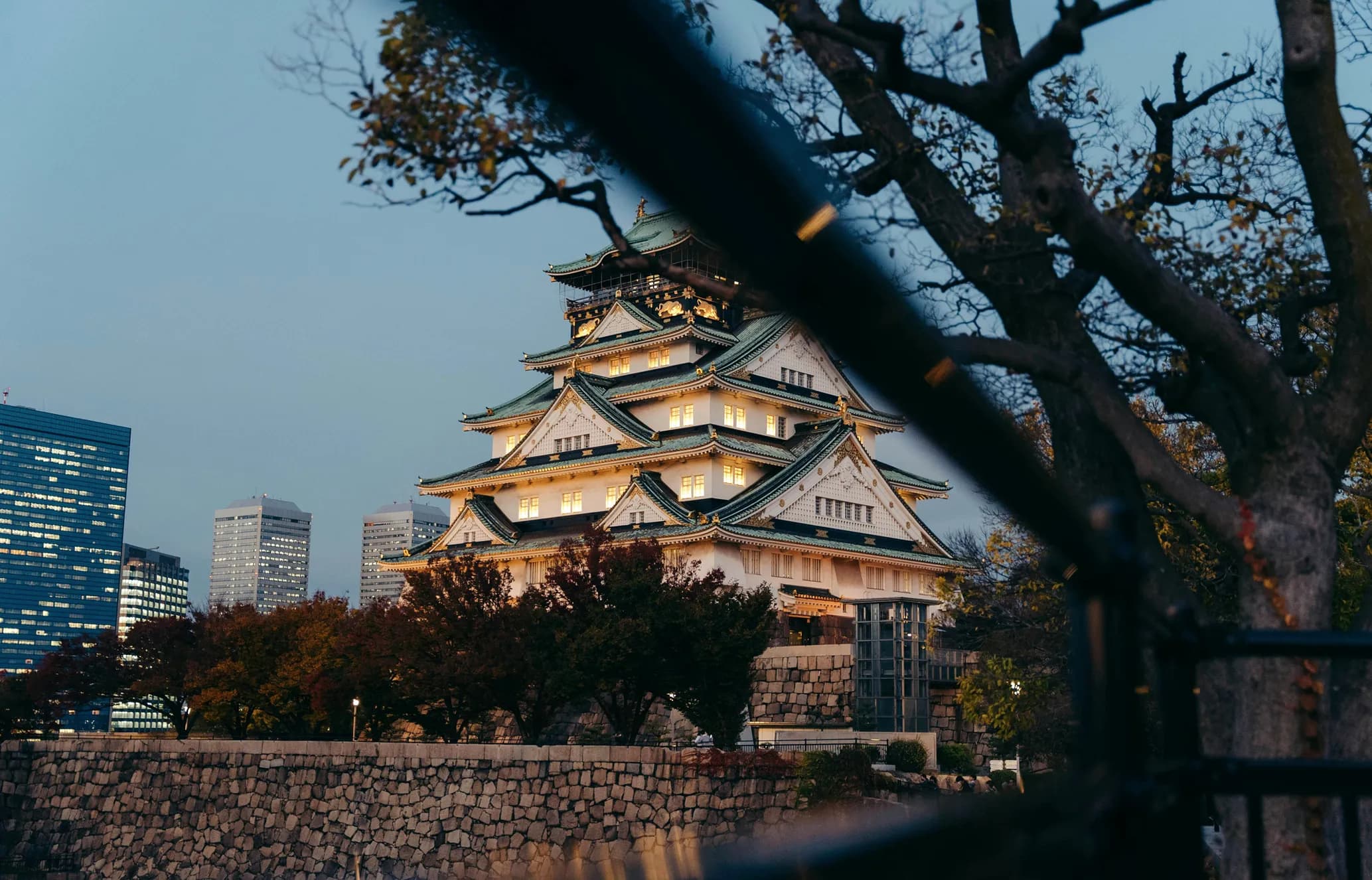 Japanese castle illuminated at dusk, framed by tree branches, with modern skyscrapers in the background.