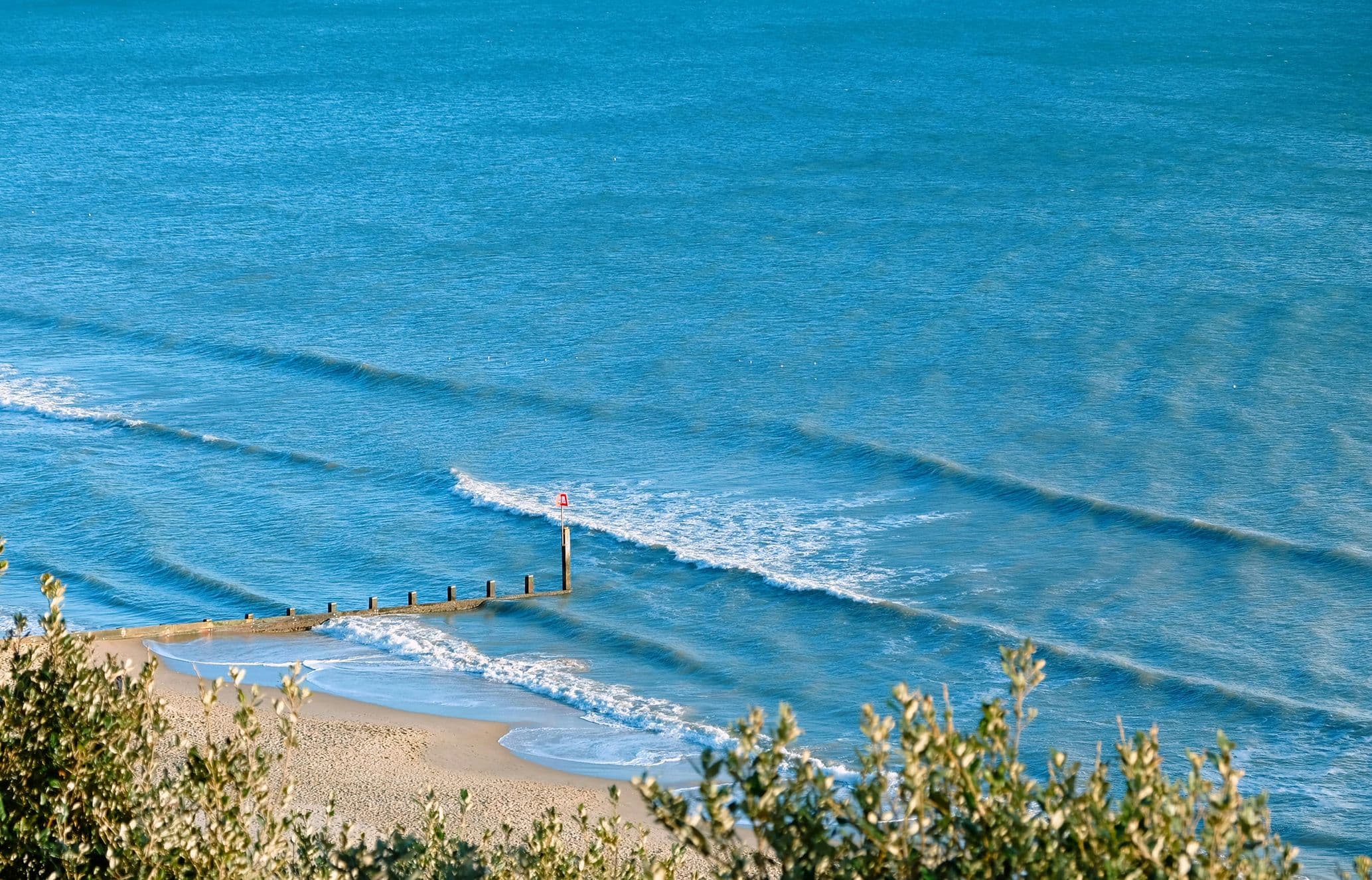 Calm ocean waves gently roll towards a sandy beach, with a small breakwater extending into the water, framed by foreground foliage.