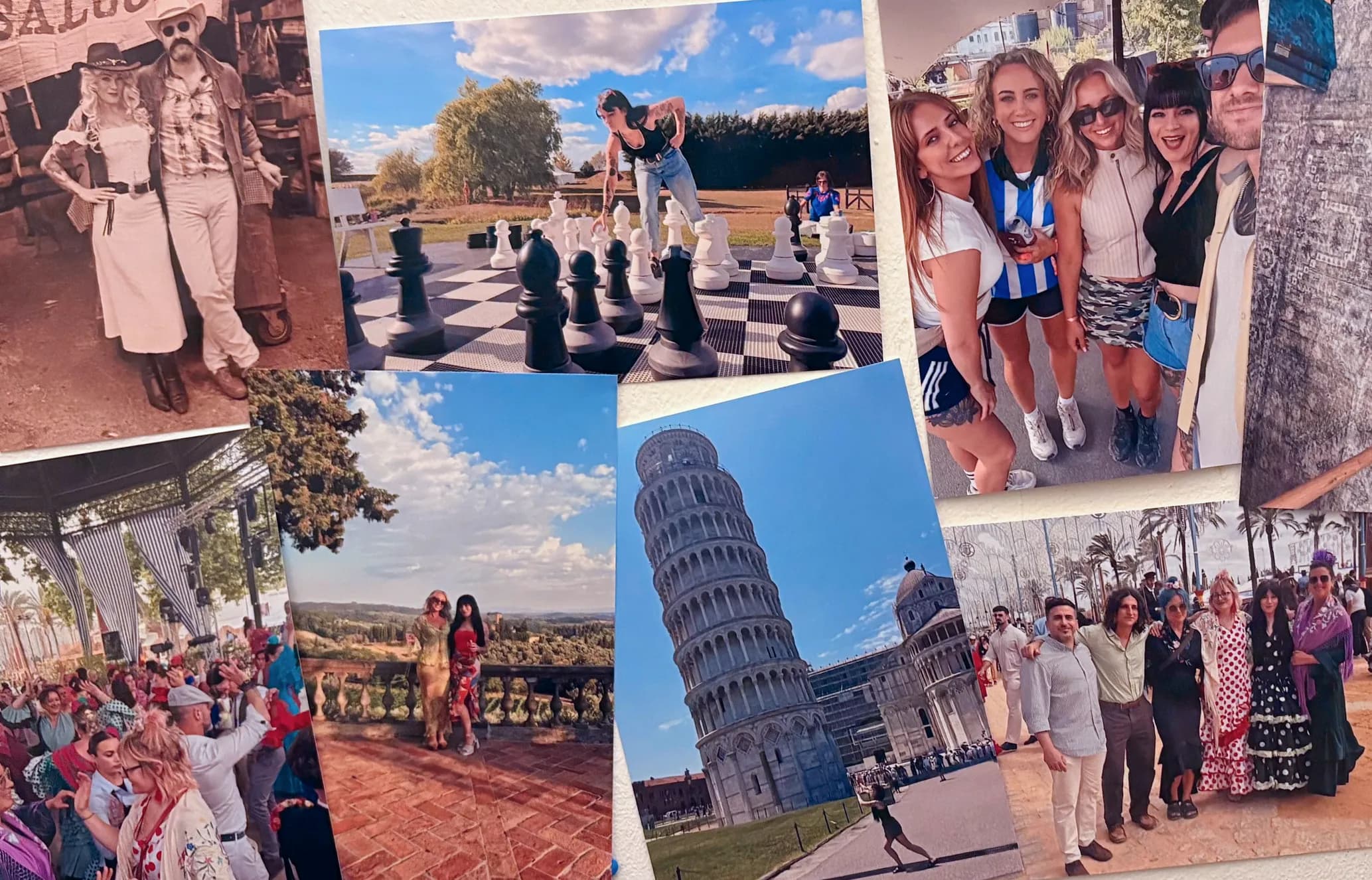 A collage of diverse photos including a couple in cowboy outfits, giant outdoor chess, smiling friends, a festive gathering, Tuscan views, and the Leaning Tower of Pisa.