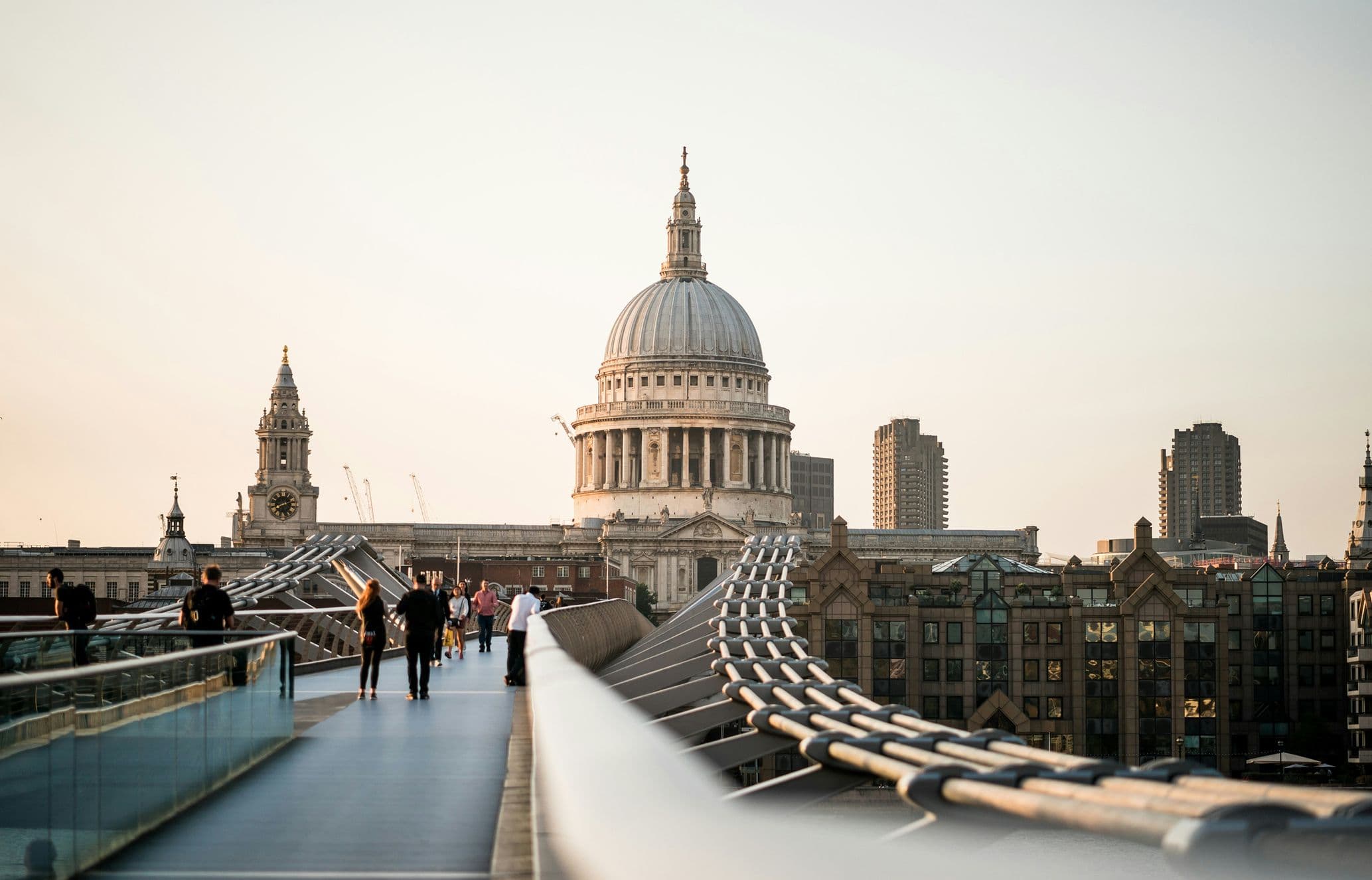 St Paul's Cathedral from the Millennium Bridge at sunset in London
