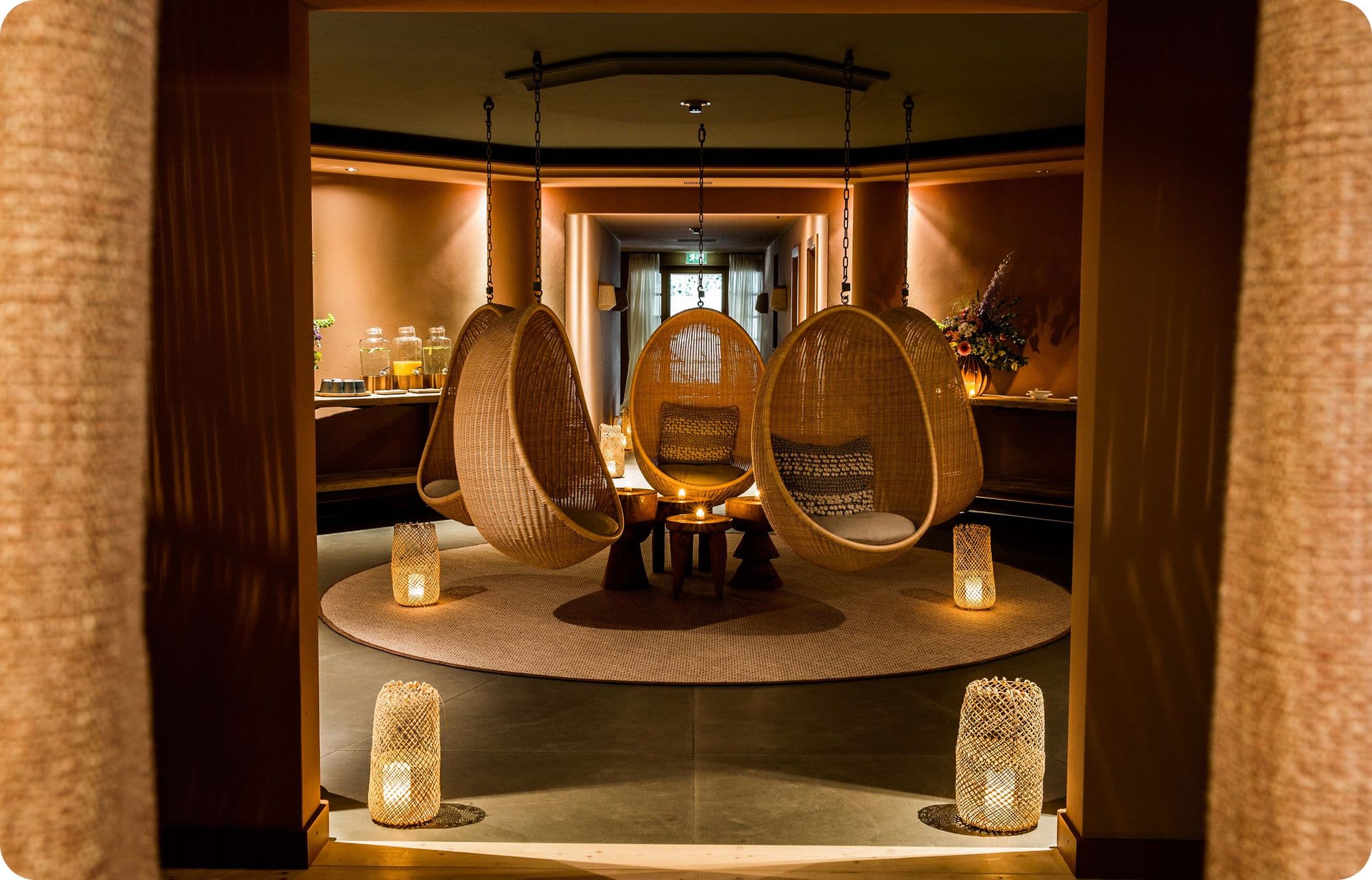 Rattan egg chairs at Le Grand Bellevue spa in Gstaad
