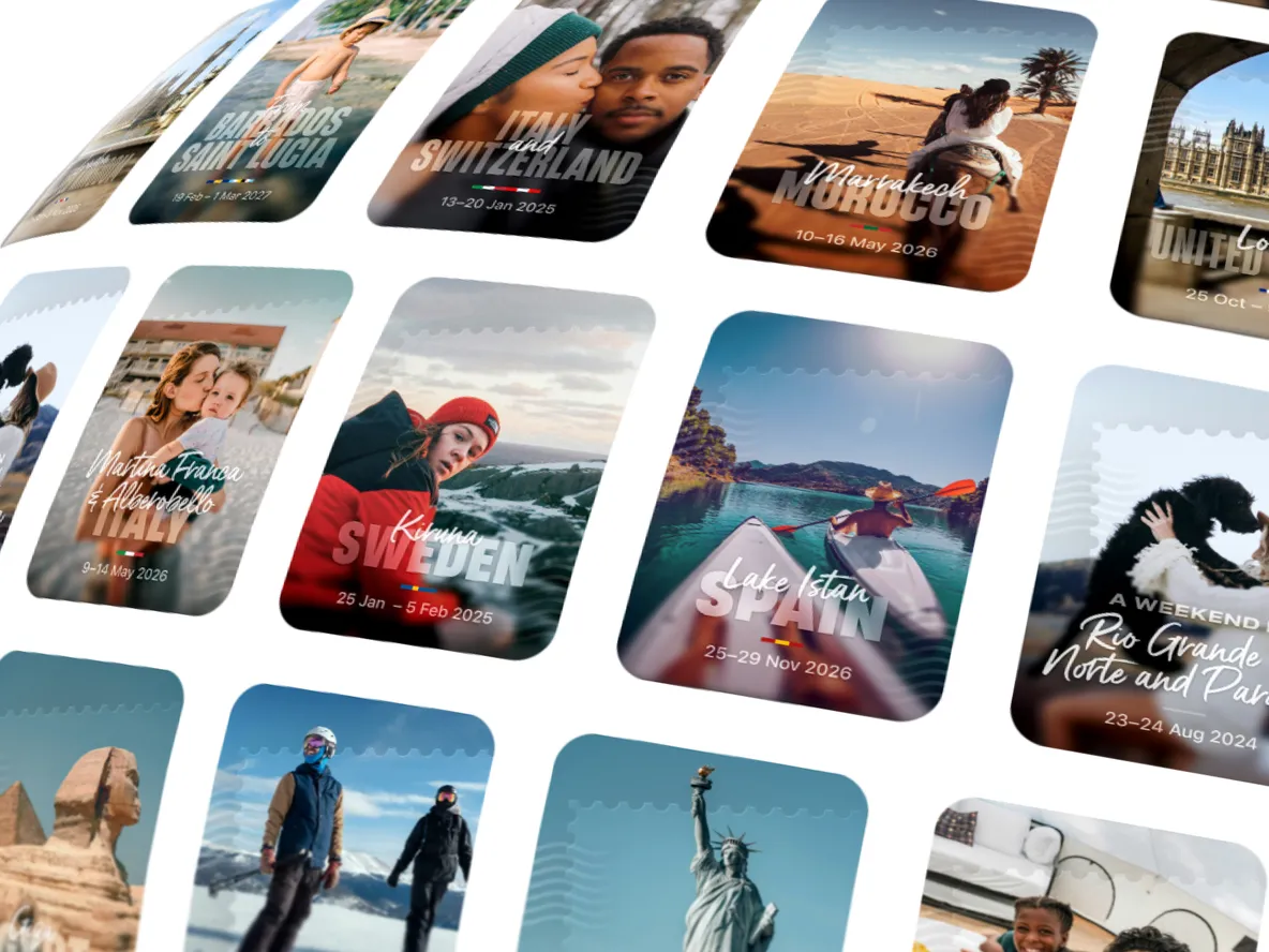 Collage of travel photos in postcard style, featuring various global landmarks and destinations like the Eiffel Tower and the Statue of Liberty.