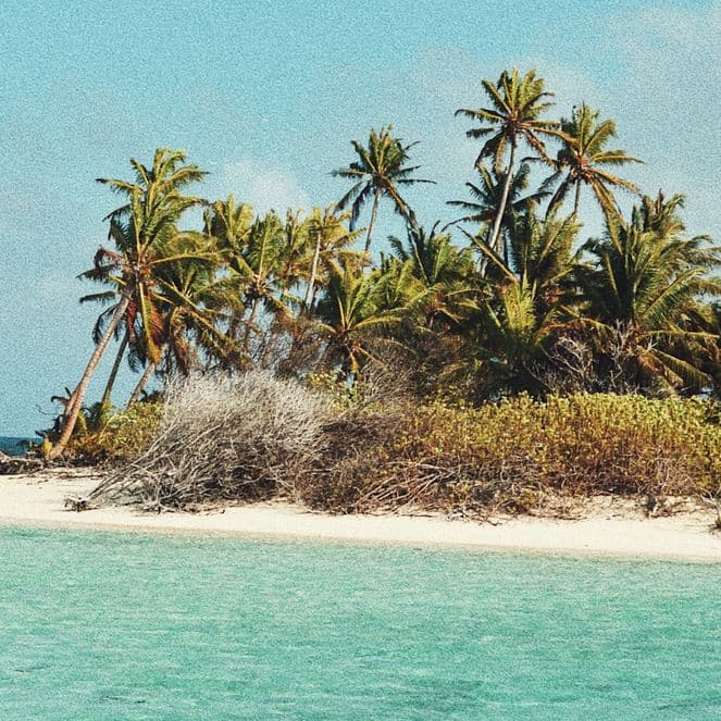 Small tropical island with white sandy beach, turquoise water and leaning palm trees.