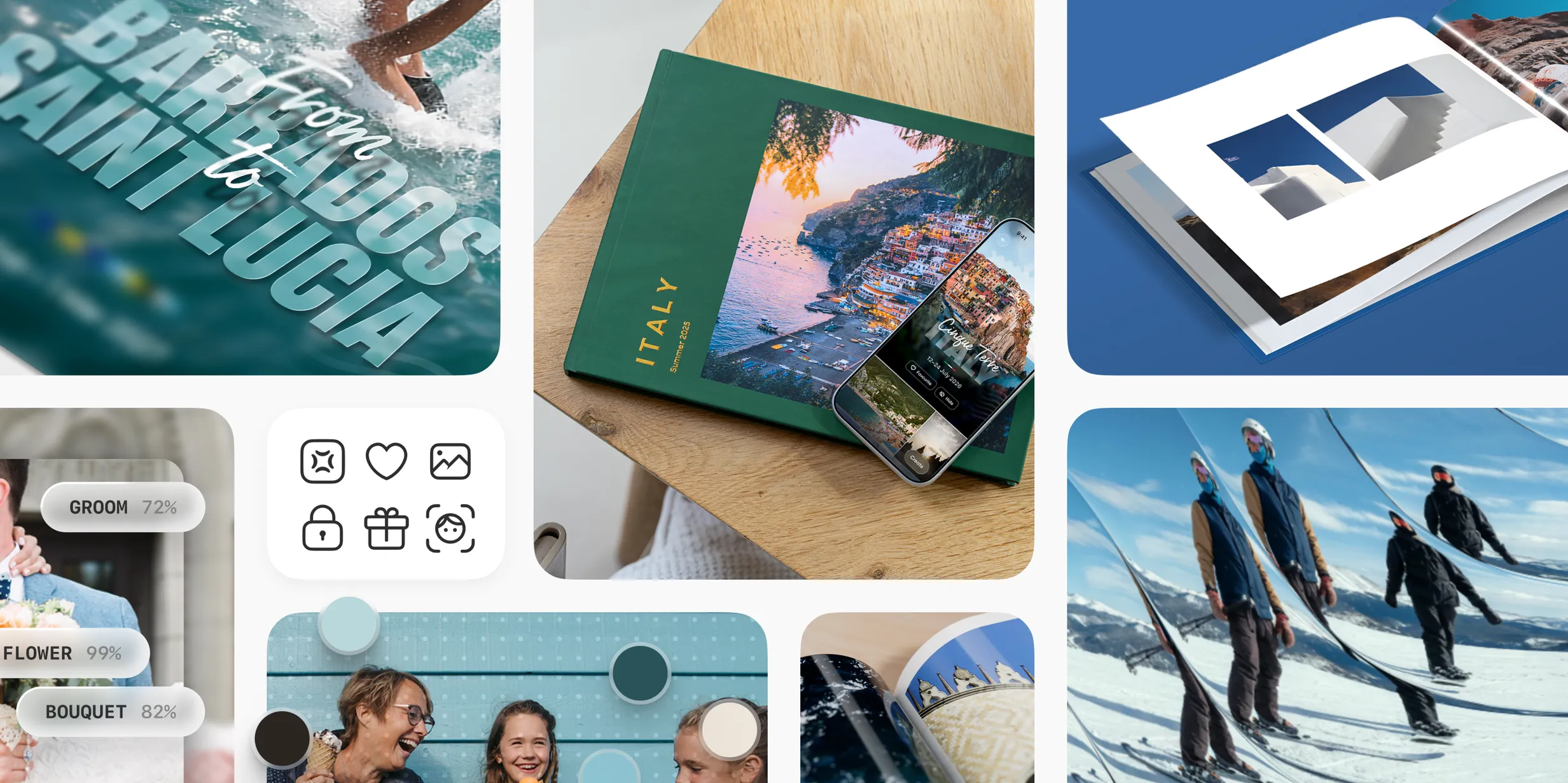 A vibrant collage of photo products and features: travel albums, digital organization with AI tags, editing tools, and creative visual effects.