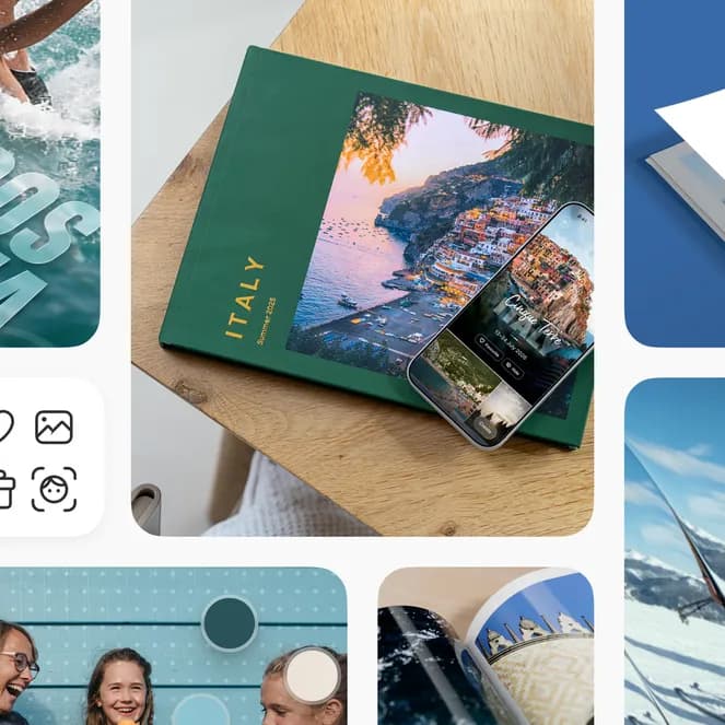 A vibrant collage of photo products and features: travel albums, digital organization with AI tags, editing tools, and creative visual effects.