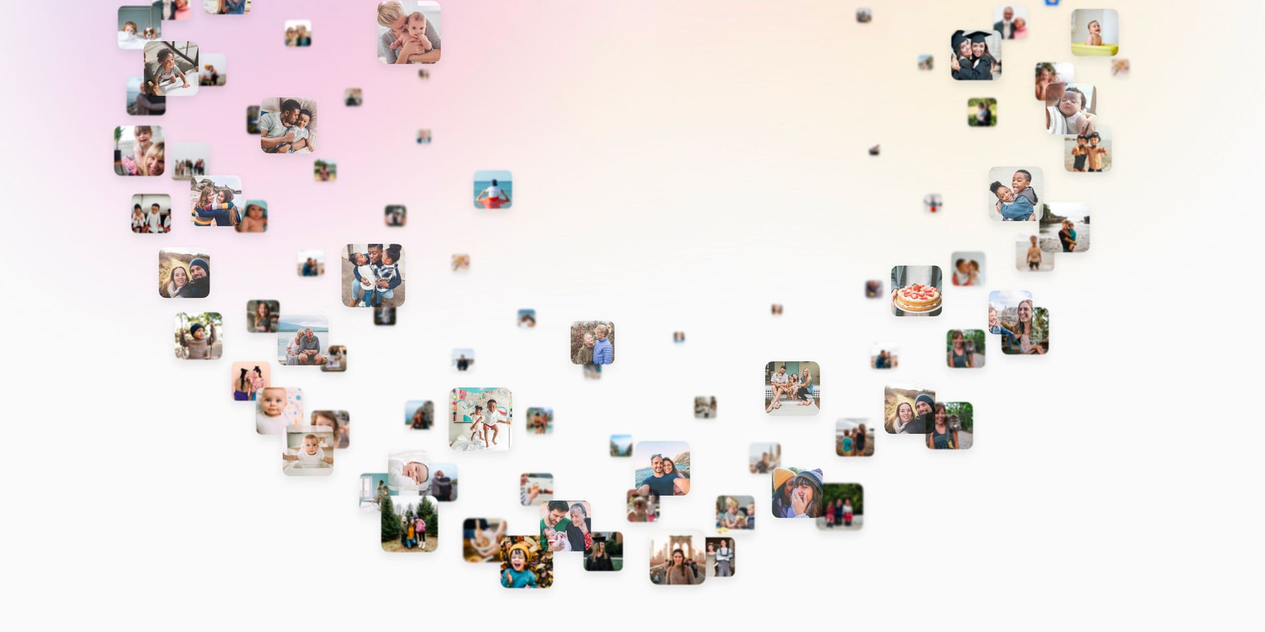 Collage of small photos, each showing diverse people and families in various happy moments, arranged in a heart shape on a gradient background.