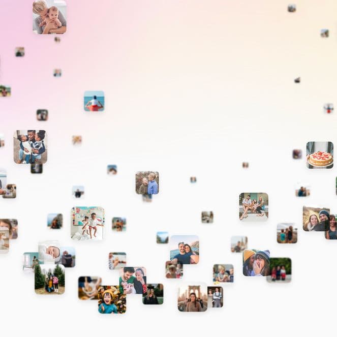 Collage of small photos, each showing diverse people and families in various happy moments, arranged in a heart shape on a gradient background.