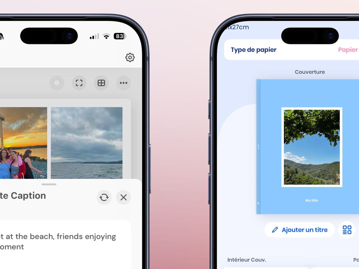 Two smartphones displaying photo editing apps. The left shows a beach photo with a caption, and the right shows a book cover design with a nature image.