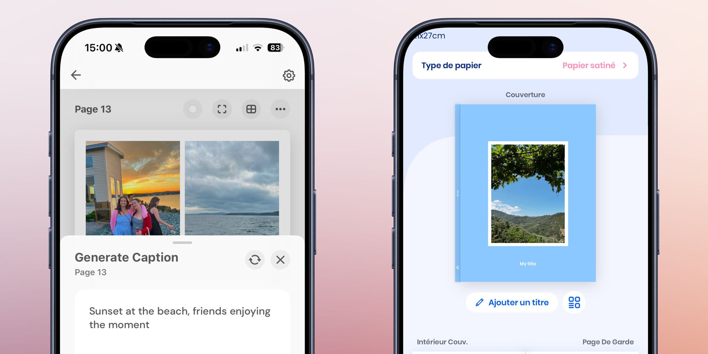 Two smartphones displaying photo editing apps. The left shows a beach photo with a caption, and the right shows a book cover design with a nature image.