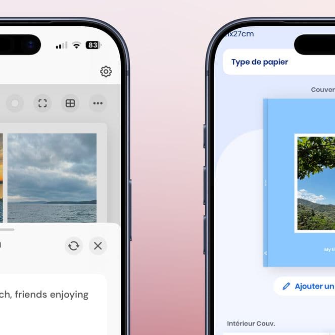 Two smartphones displaying photo editing apps. The left shows a beach photo with a caption, and the right shows a book cover design with a nature image.