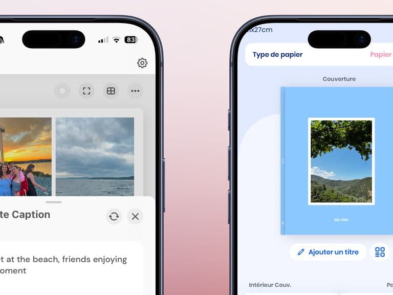 Two smartphones displaying photo editing apps. The left shows a beach photo with a caption, and the right shows a book cover design with a nature image.