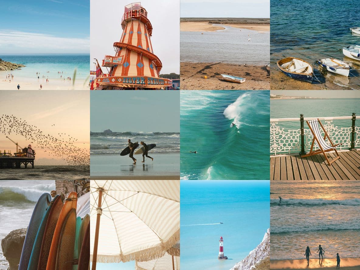 Collage of seaside scenes: beaches, waves, pier, boats, beach huts, surfers, lighthouse, and an ice cream sign, evoking a coastal vibe.