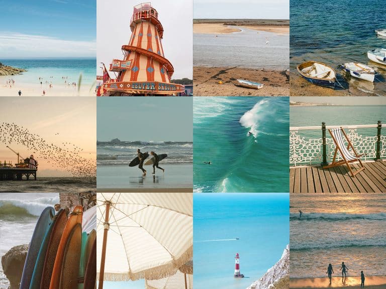 Collage of seaside scenes: beaches, waves, pier, boats, beach huts, surfers, lighthouse, and an ice cream sign, evoking a coastal vibe.