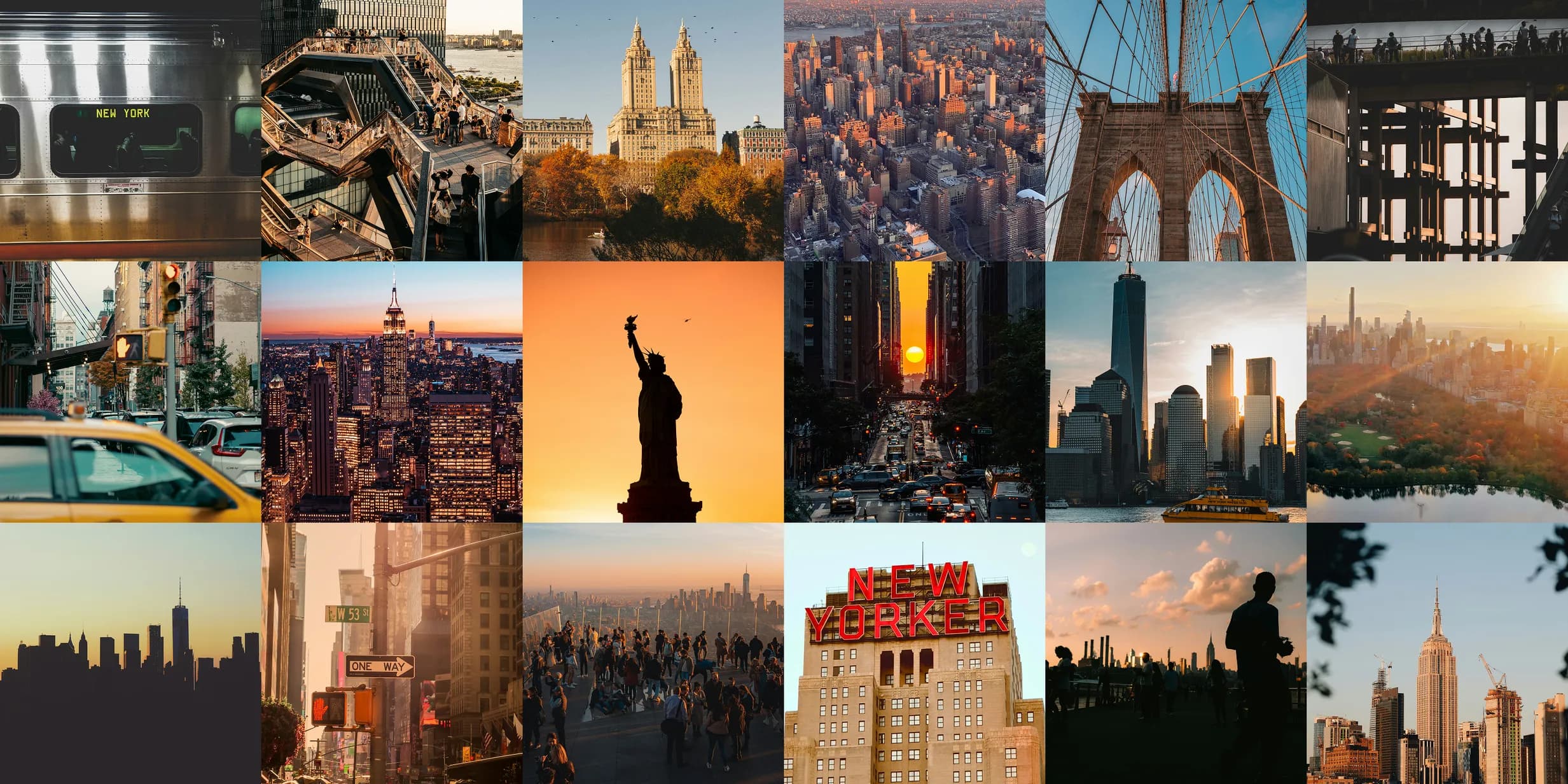 A collage of iconic New York City scenes, including skyscrapers, the Statue of Liberty, the Brooklyn Bridge, and bustling city streets.