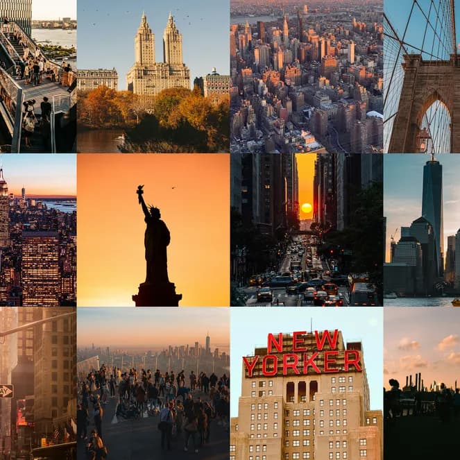 A collage of iconic New York City scenes, including skyscrapers, the Statue of Liberty, the Brooklyn Bridge, and bustling city streets.