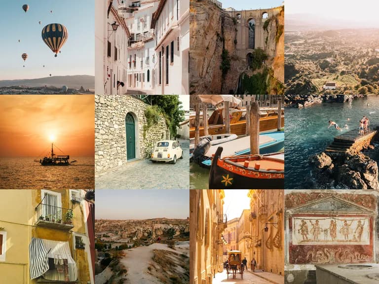 Collage of diverse landscapes and architecture: ancient ruins, hot air balloons, coastal towns, historic streets, and scenic views.