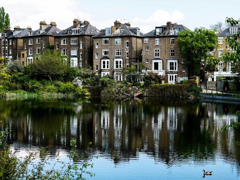 A row of brick houses reflected in a tranquil pond, surrounded by lush greenery and trees, with a single duck swimming in the foreground.