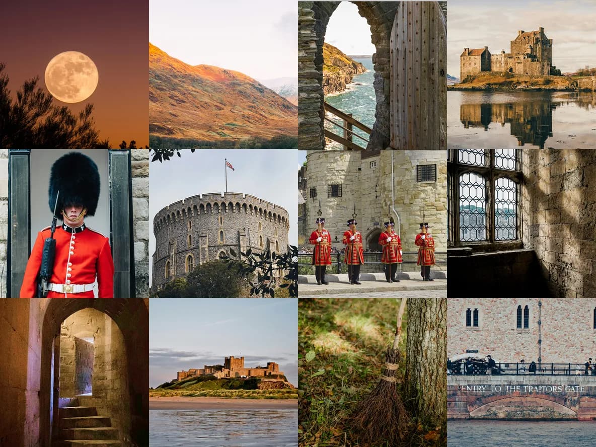 Collage of British castles, a guard in red uniform, a full moon over hills, and scenic landscapes featuring historic stone architecture.