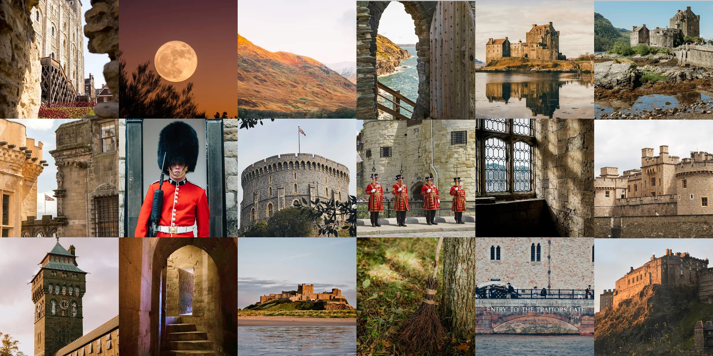 Collage of British castles, a guard in red uniform, a full moon over hills, and scenic landscapes featuring historic stone architecture.